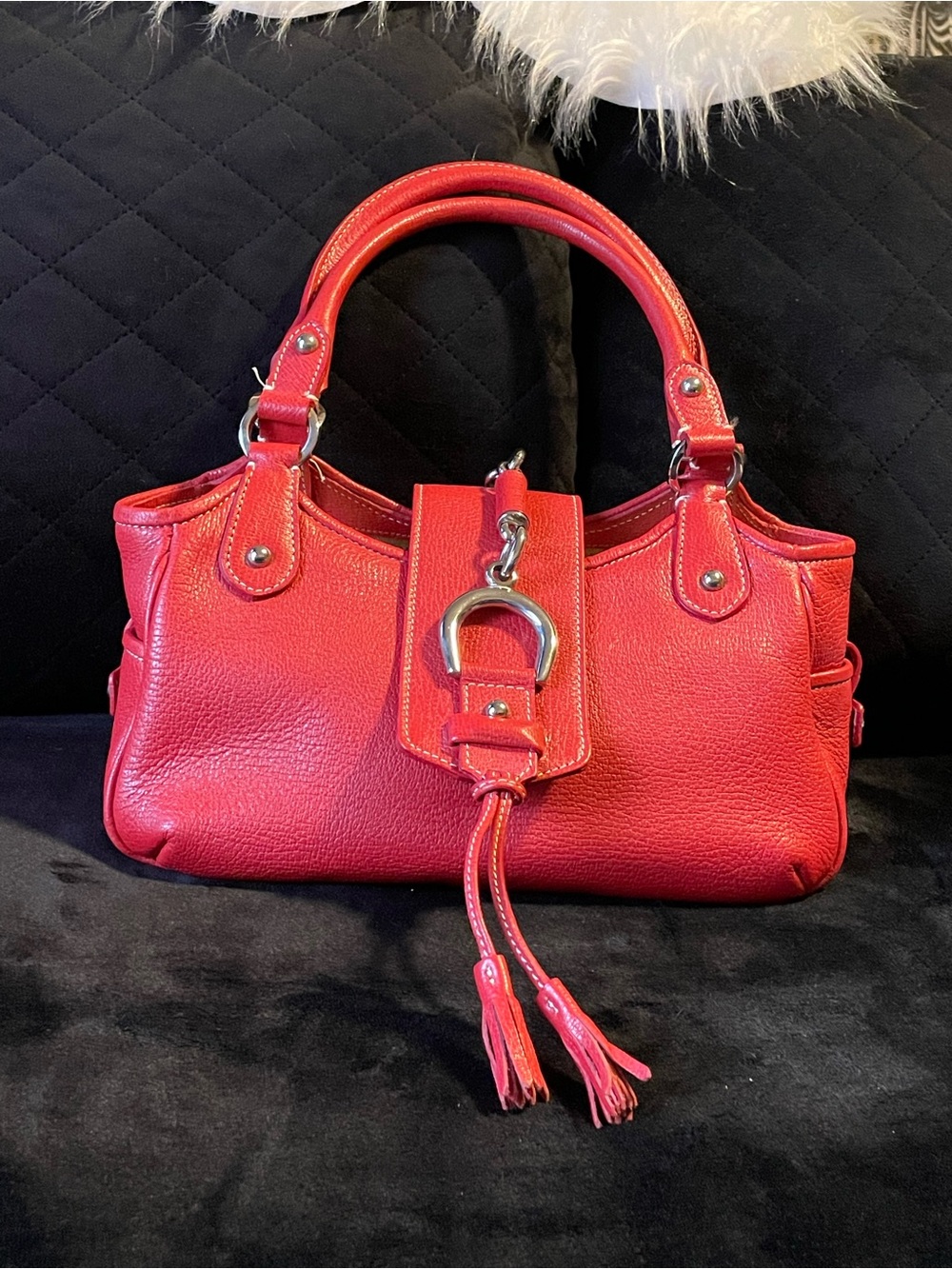 Red Leather Shoulder Bag with Tassel Accent